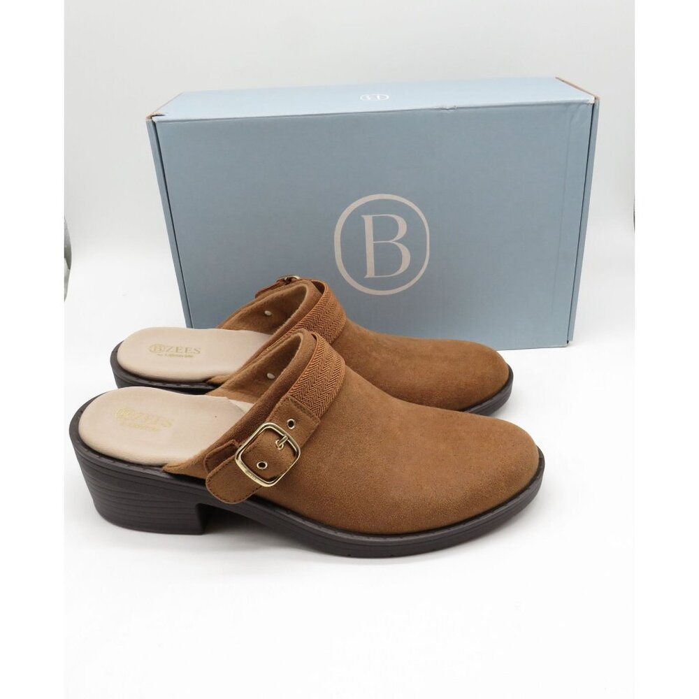 Beezies Open Book Tan Suede Buckle Mule Clogs Womens Size 10 NEW
